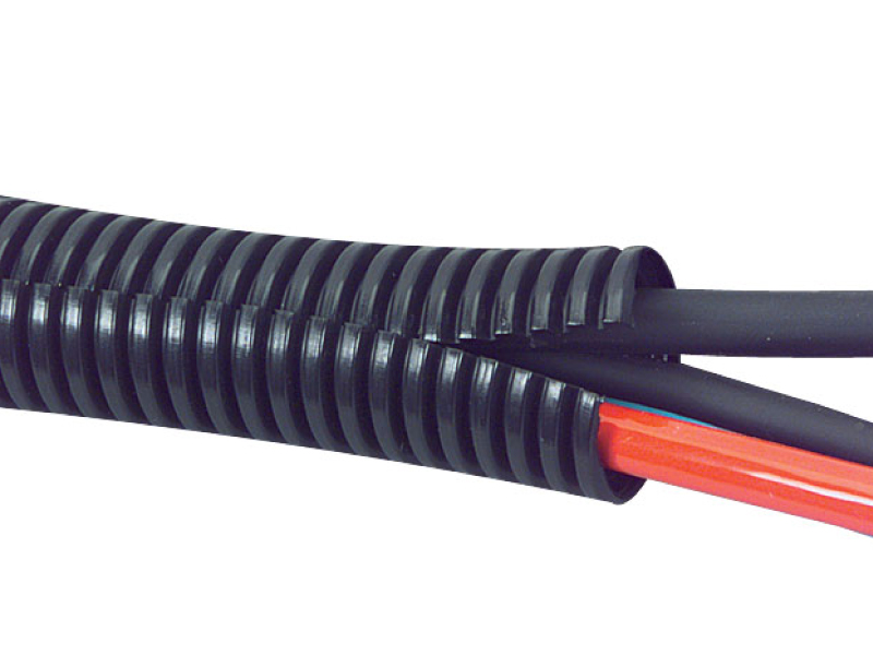 Nylon Split Wire Loom Convoluted Tubing Black Split Loom Shown With Cables Inserted
