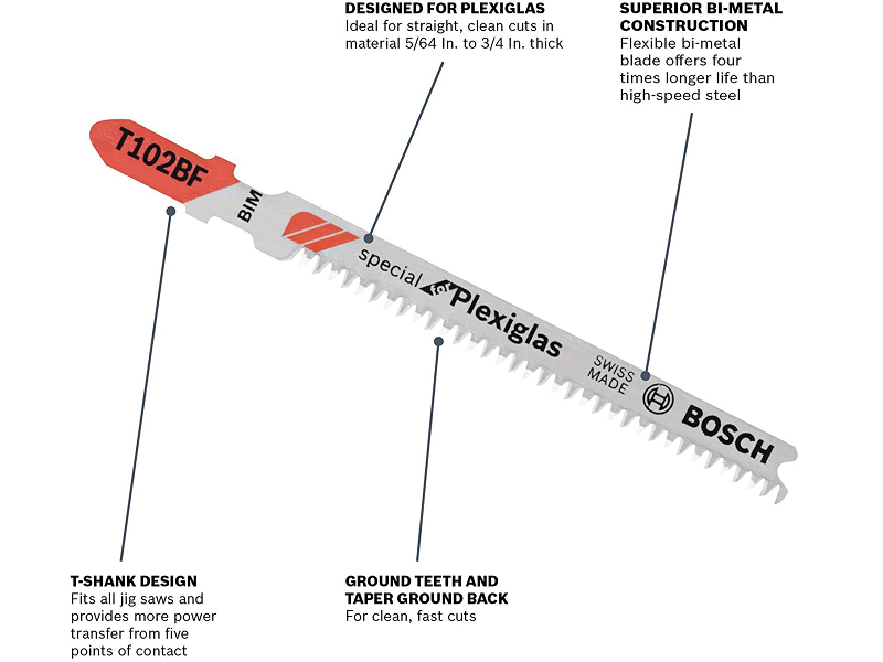 BOSCH® 35/8" 13 TPI Clean for Plexiglas TShank Jig Saw Blades 3 pcs