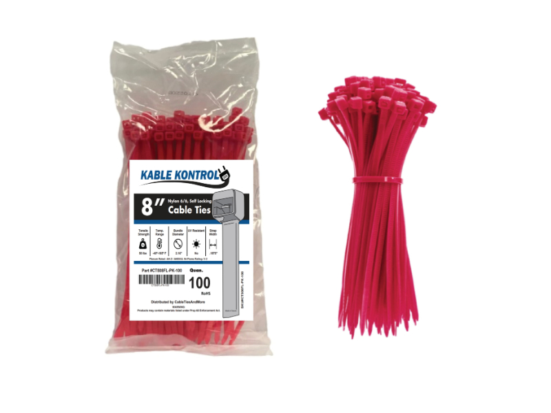 Kable Kontrol Zip Ties - 4 Long - 100 PC Pk - Fluorescent Pink Color - Nylon - 18 lbs Tensile Strength