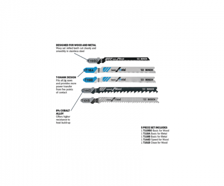 Bosch T500 5 Piece T Shank Jig Saw Blade Set For Wood And Metal Specs