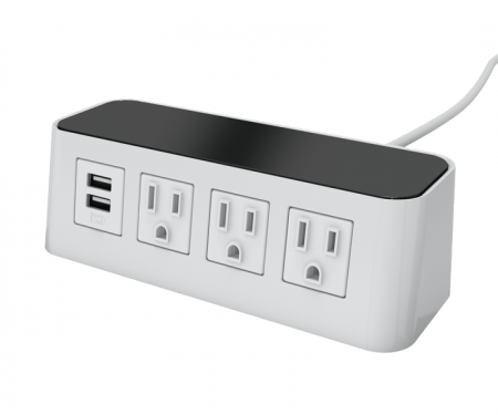 White with black top Burele table top power and data 3 ac power, 1 USB ports, and 72