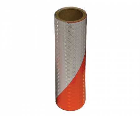 Cortina orange and white engineer grade reflective barricade tape with 50 yard length, 12 inch width, and 6 inch left stripe