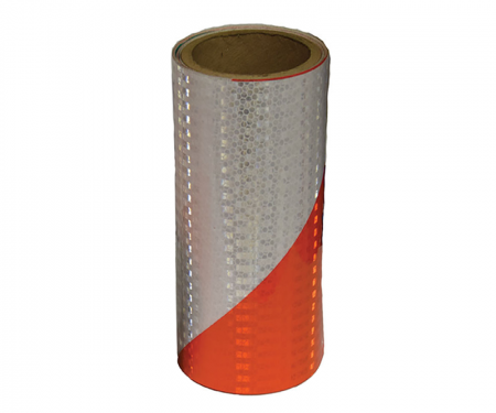 Cortina orange and white engineer grade reflective barricade tape with 50 yard length, 6 inch width, and 6 inch left stripe