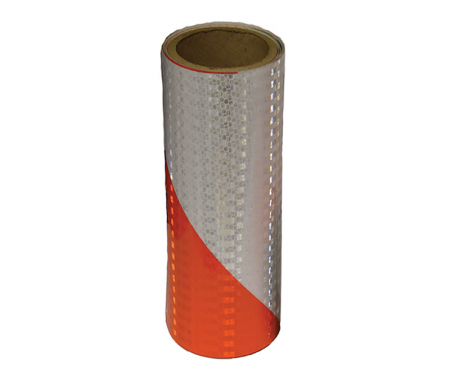 Cortina orange and white engineer grade reflective barricade tape with 50 yard length, 8 inch width, and 6 inch right stripe