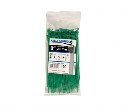 8" Standard Nylon Cable Ties Green 18 lb tensile strength Pack of 100 