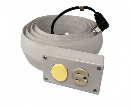 Gray electrical extension cord cover with duplex outlets Gray electrical extension cord cover with duplex outlets