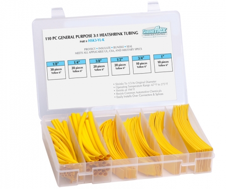 Polyolefin heat shrink kit, multi sizes, yellow Polyolefin heat shrink kit, multi sizes, yellow