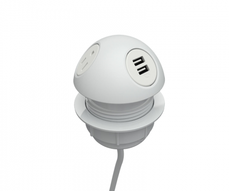 White hemisphere desk power grommet with 2 power, 1 USB port, and 120 White hemisphere desk power grommet with 2 power, 1 USB port, and 120