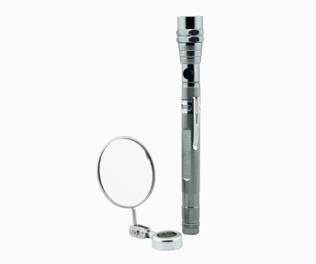 Extended LED flashlight with magnetic inspection mirror, unextended