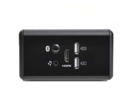 Black mediahub desktop mini with bluetooth audio, stereo jack, 2 USB charge port, and HDMI cable port Black mediahub desktop mini with bluetooth audio, stereo jack, 2 USB charge port, and HDMI cable port