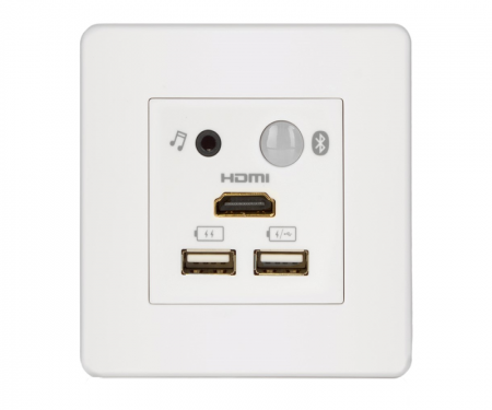 White mediahub mini with bluetooth audio, stereo jack, 2 USB charge port, and HDMI cable port White mediahub mini with bluetooth audio, stereo jack, 2 USB charge port, and HDMI cable port