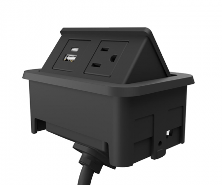 Black nacre 2-port open power and data grommet with 1 USB a and c port, 1 ac power, and 72 Black nacre 2-port open power and data grommet with 1 USB a and c port, 1 ac power, and 72