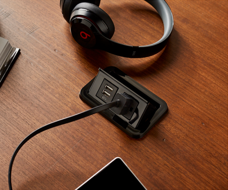 Black nacre 4-port open power and data grommet with 2 ac power, 2 USB ports, and 72 Black nacre 4-port open power and data grommet with 2 ac power, 2 USB ports, and 72