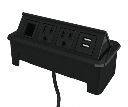 Black nacre 4-port open power and data grommet with 1 USB port, 2 ac power, 1 open data, and 72