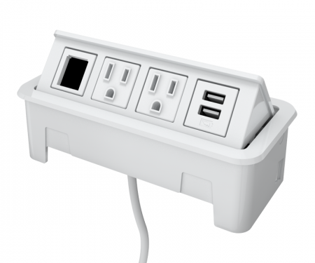 White nacre 4-port open power and data grommet with 1 USB port, 2 ac power, 1 open data, and 72