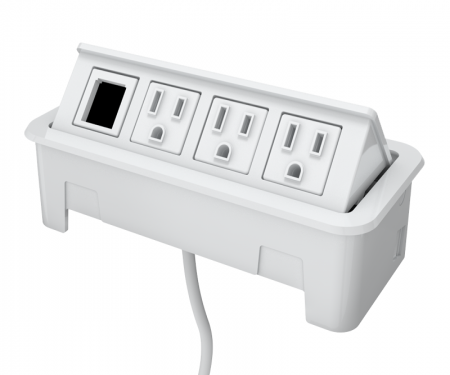 White nacre 4-port open power and data grommet with 3 ac power, 1 open data, and 72