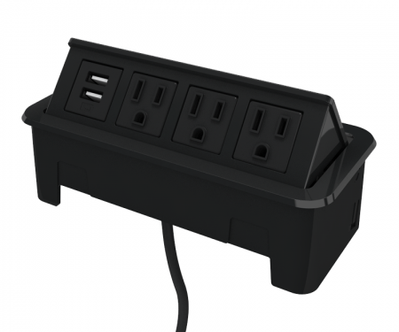Black nacre 4-port open power and data grommet with 3 ac power, 1 USB port, and 72