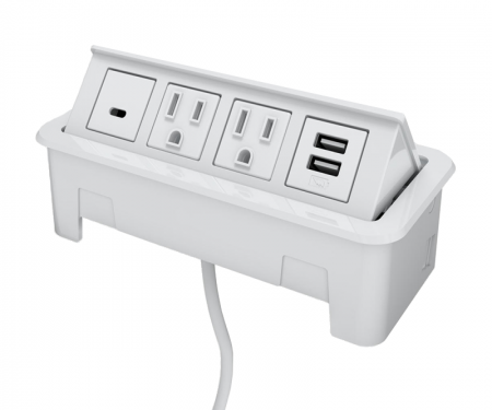 White nacre 4-port open power and data grommet with 1 USB-a port, 1 USB-c port, 2 ac power, and 72