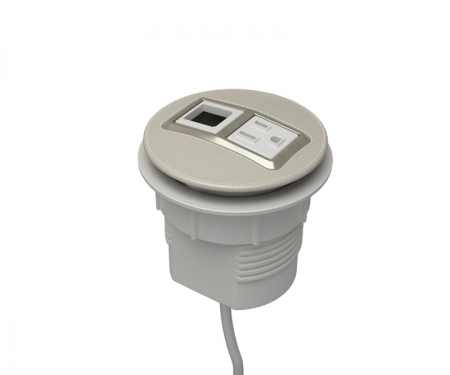 Cream leather and satin nickel node power and data desk grommet with 1 ac power, 1 open data, and 72
