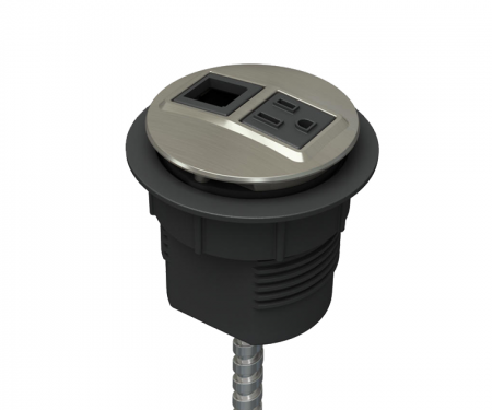 satin nickel plated power and data desk grommet with 1 ac power, 1 open data, and hardwired 72