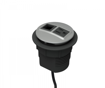 Silver powdercoat node power and data desk grommet with 1 ac power, 1 open data, and 72
