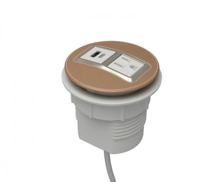 Cream leather satin nickel node power and data desk grommet with 1 ac power, 1 USB a and c, and 72