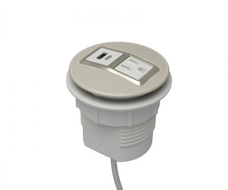 Cream leather satin nickel node power and data desk grommet with 1 ac power, 1 USB a and c, and 72