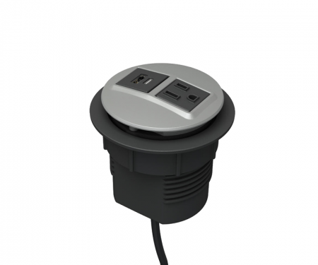 Silver powdercoat node power and data desk grommet with 1 ac power, 1 USB a and c, and 72