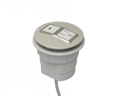 Cream leather satin nickel node power and data desk grommet with 1 ac power, 1 USB-c, and 72