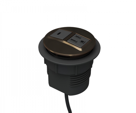 dark bronze plated node power and data desk grommet with 1 ac power, 1 usb-c power, and 72