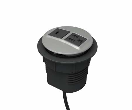 Silver powdercoat node power and data desk grommet with 1 ac power, 1 usb c, and 72