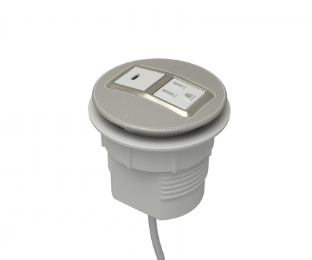 Smoke leather and satin nickel node power and data desk grommet with 1 ac power, 1 USB-c, and 72