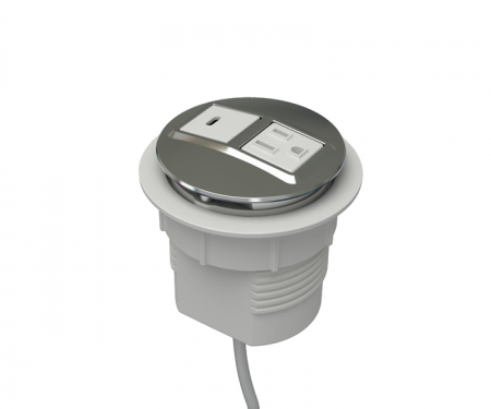  Trivalent chrome white simplex node power and data desk grommet with 1 ac power, 1 USB-c, and 72