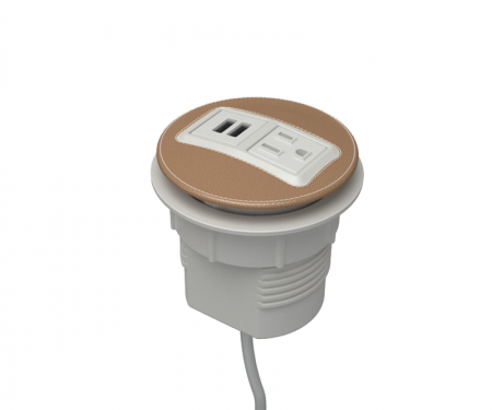 Camel leather parchment powdercoat node power and data desk grommet with 1 ac power, 1 USB charger, and 72