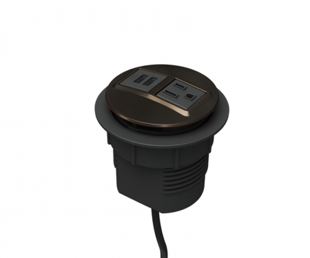 dark bronze plated node power and data desk grommet with 1 ac power, 1 usb port charger, and 72