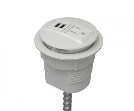 Parchment powdercoat power and data desk grommet with 1 ac power, 1 USB charger, and hardwired 72