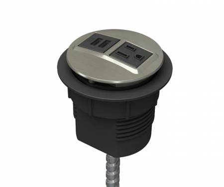 Satin nickel plated power and data desk grommet with 1 ac power, 1 USB charger, and hardwired 72