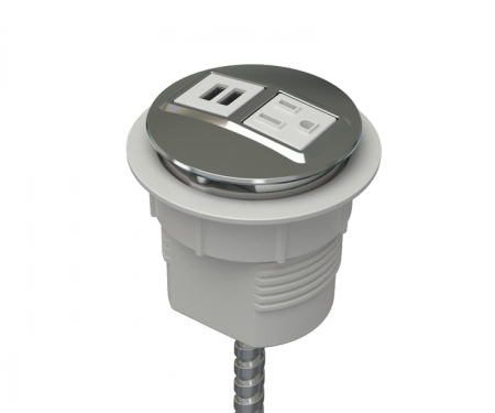 Trivalent chrome white simplex node power and data desk grommet with 1 ac power, 1 USB charger, and hardwired 72