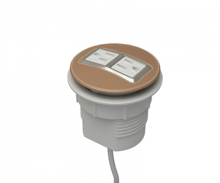 Camel leather and satin nickel node power and data desk grommet with 2 ac power and 72