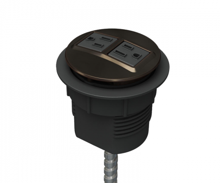 Dark bronze plated node power and data desk grommet with 2 ac power and hardwired 72