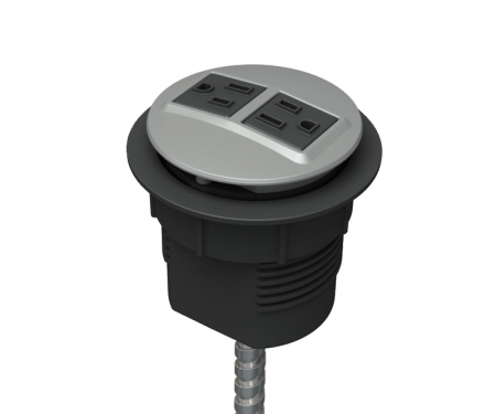Silver powdercoat node power and data desk grommet with 2 ac power and hardwired 72
