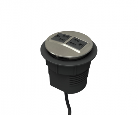 Satin nickel plated node power and data desk grommet with 2 ac power and 72