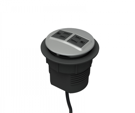 Silver powdercoat node power and data desk grommet with 2 ac power and 72