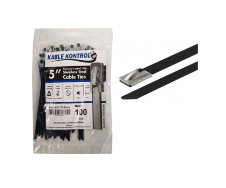 Kable Kontrol Plastic Coated Stainless Steel Cable Ties - 5 inch Long - 200 lbs Tensile Strength - 100 Pcs Pack - Black
