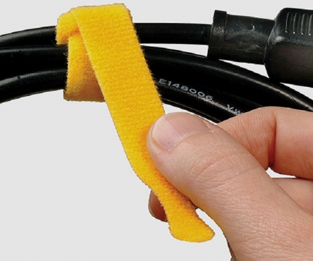 Yellow Rip Tie hook and loop tie in use