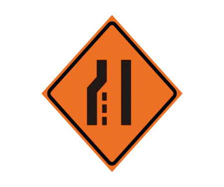 Road work roll up sign 'Lane ends, leftt merge
