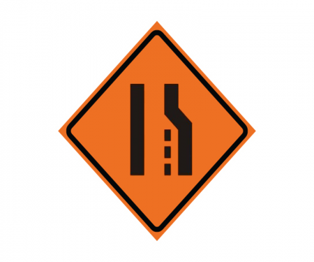 Road work roll up sign 'Lane ends, right merge