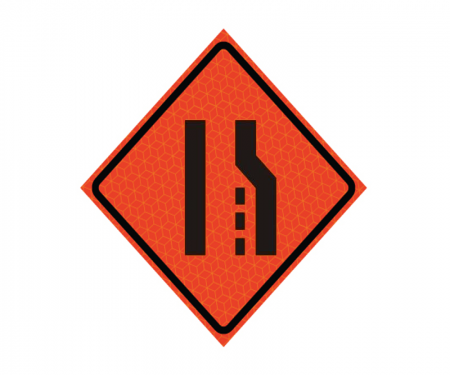 Road work roll up sign 'Lane ends, right merge