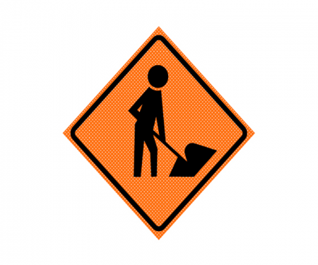 JBC roll up sign, image of man at work, Orange