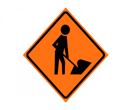JBC roll up sign, image of man at work, reflective, Orange